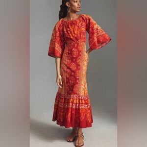 Farm Rio x Anthropologie Orange And Red Ruffled Tiered Sundress